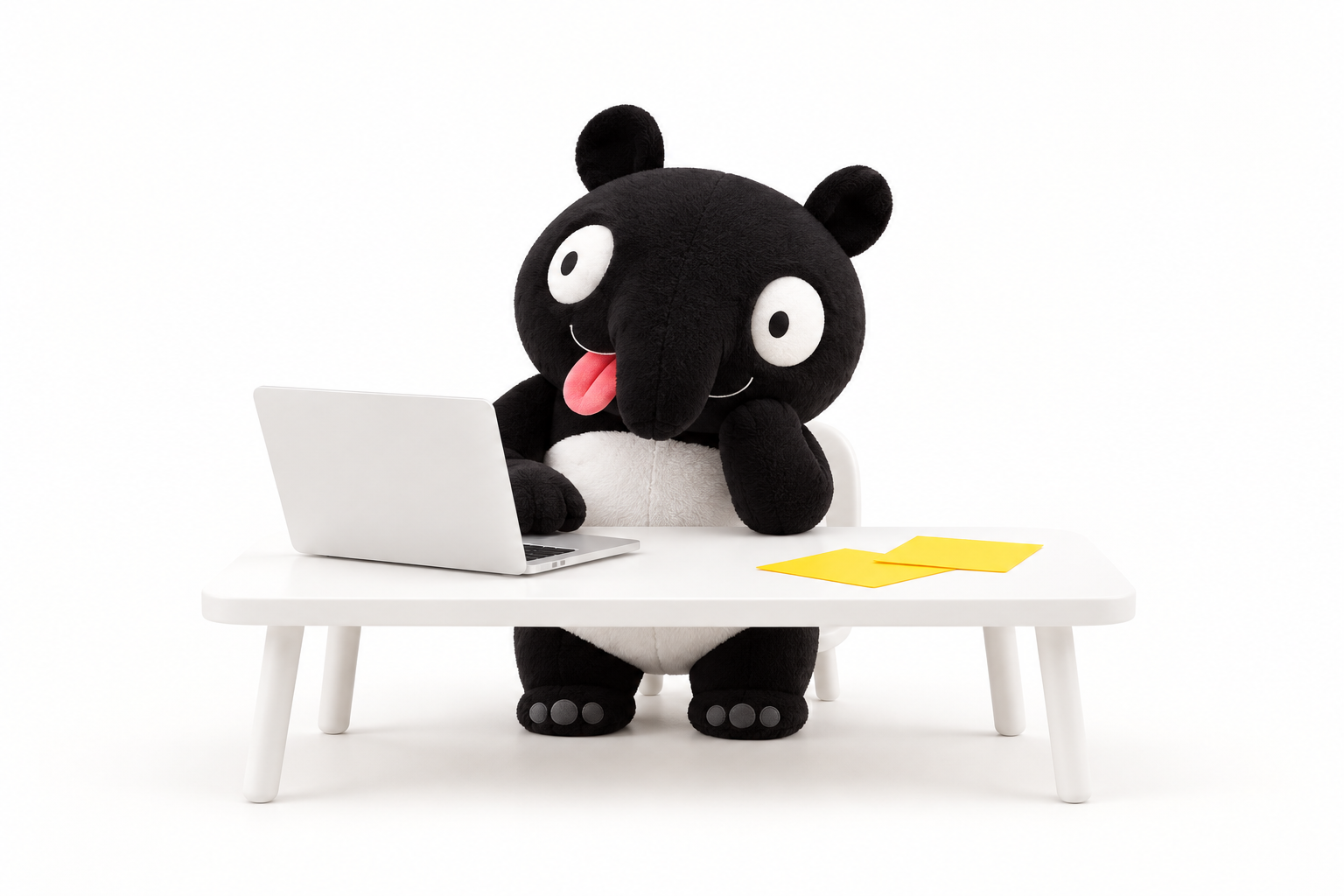 パソコンの前で一緒に考える、AMALAのバクのキャラクター
